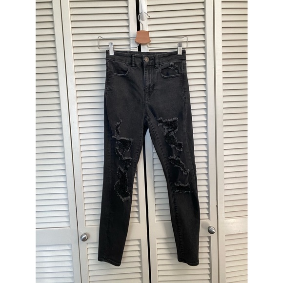 AEO Curvy High Rise Jeggings Jeans Gray Black Stretch Distressing size 2 - Picture 1 of 12